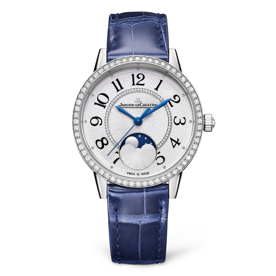 Jaeger-LeCoultre Rendez-Vous Moon Medium in a 34mm stainless steel diamond bezel case with silver guilloché dial on leather strap, featuring a moon phase display and automatic movement with up to 40 hours of power reserve.