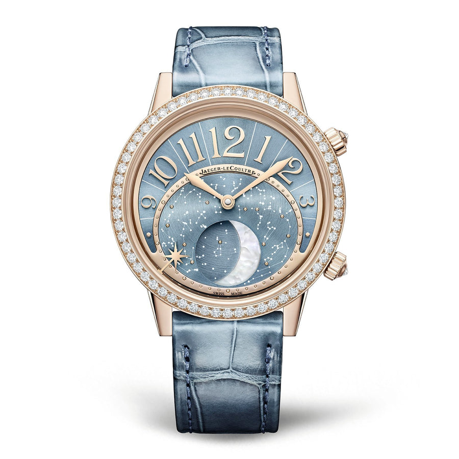Jaeger LeCoultre Rendez-Vous Moon - Q3522480 - Jaeger LeCoultre Rendezvous Moon in a 36mm 18 carats pink gold case with silvery blue dial with alligator strap, featuring celestial, moon phase, and automatic movement.