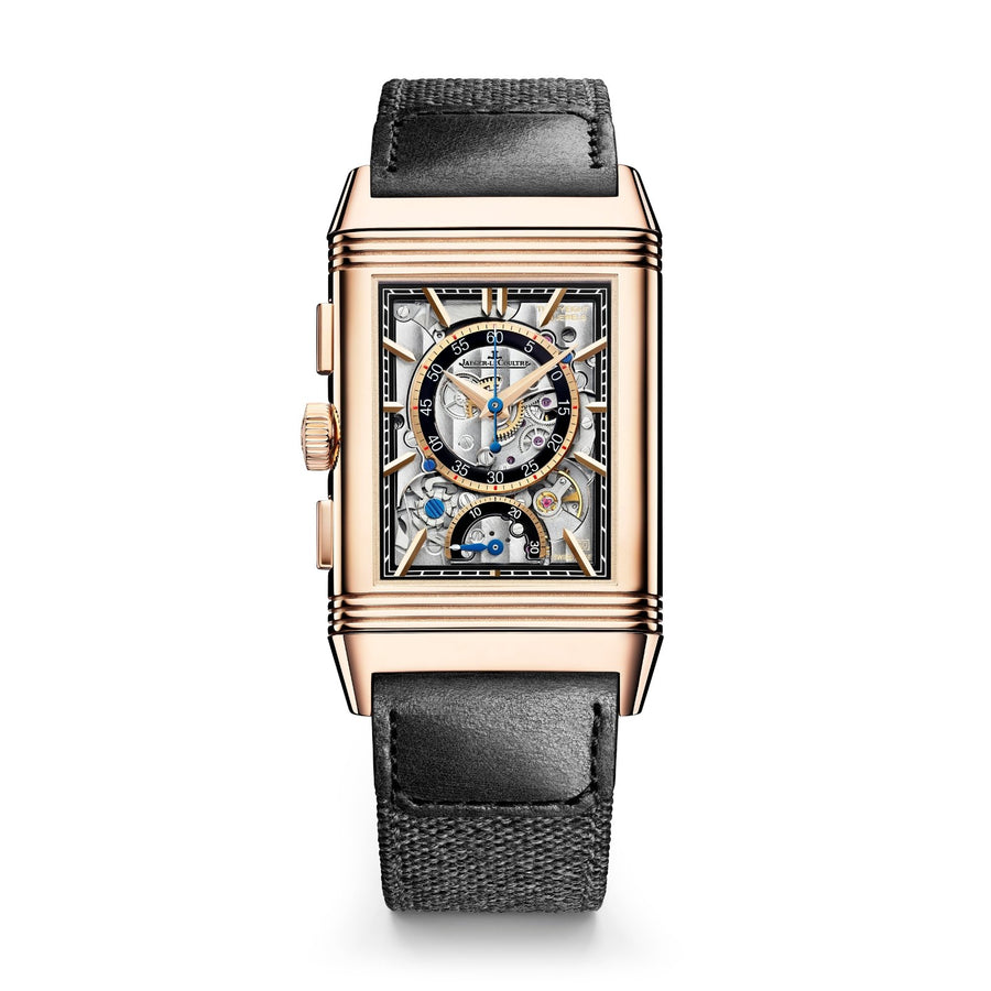 Jaeger-LeCoultre Reverso Tribute Chronograph - Q389257J - Jaeger-LeCoultre Reverso Tribute Chronograph  in a 49.4 x 29.9mm pink gold case with black sunray and skeletonized dial on black strap, featuring a chronograph function and manually-wound Jaeger-LeCoultre Calibre 860 with up to 52 hours of power reserve. Comes with an additional strap.