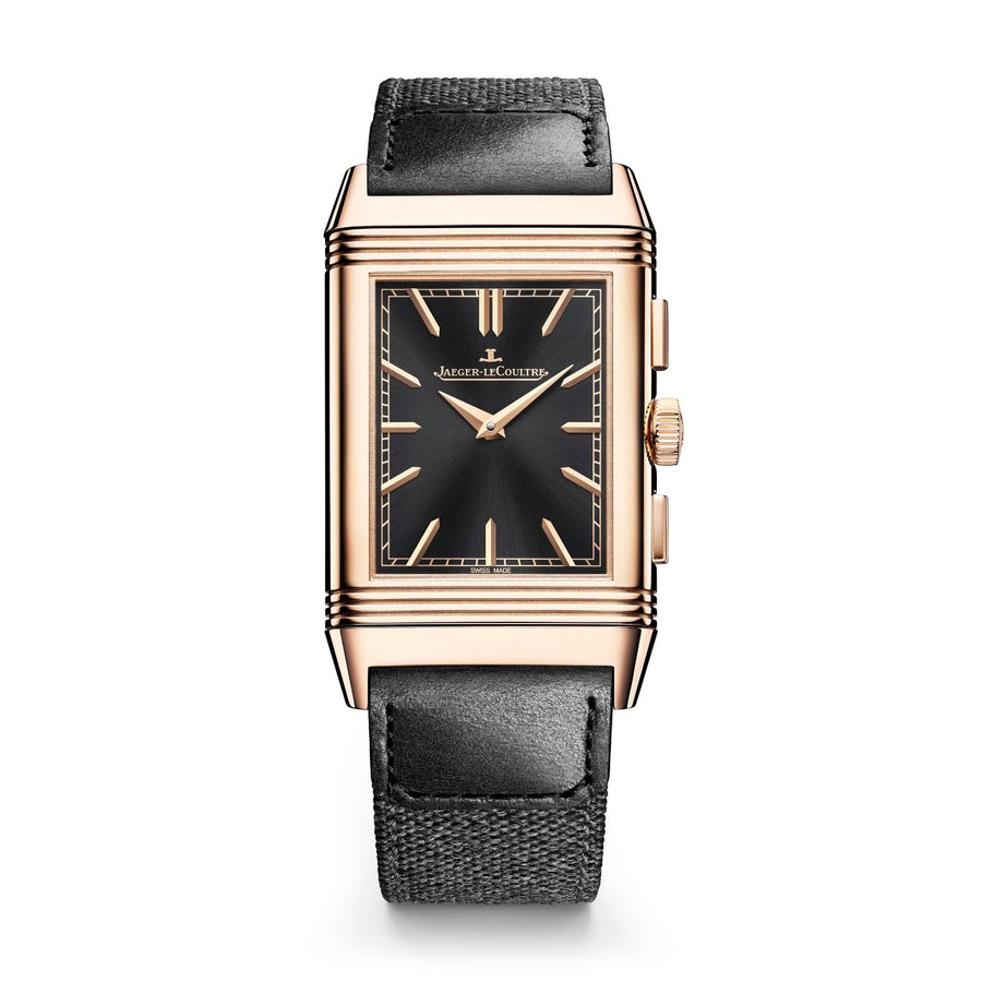 Jaeger-LeCoultre Reverso Tribute Chronograph - Q389257J - Jaeger-LeCoultre Reverso Tribute Chronograph  in a 49.4 x 29.9mm pink gold case with black sunray and skeletonized dial on black strap, featuring a chronograph function and manually-wound Jaeger-LeCoultre Calibre 860 with up to 52 hours of power reserve. Comes with an additional strap.