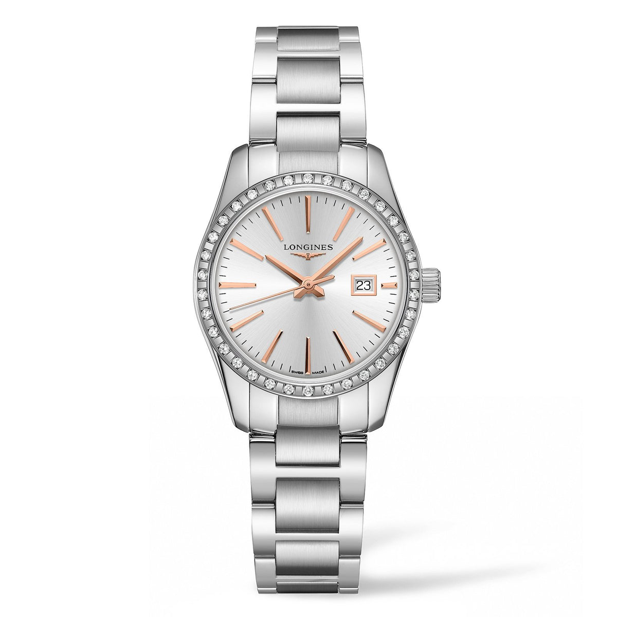 29.5mm stainless steel case with diamond bezel, silver dial. Date display. Quartz movement. Water resistance of 5 bar. Stainless steel bracelet