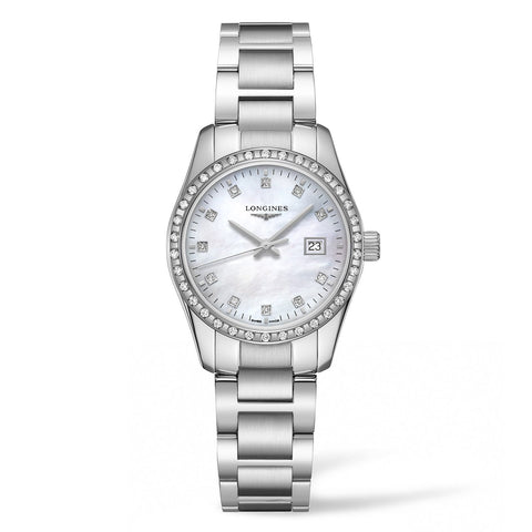 Longines Conquest Classic 29.5mm-Longines Conquest Classic - Longines Conquest Classic in 29.5mm stainless steel case with mother-of-pearl dial on stainless steel bracelet, featuring a date display and quartz movement.