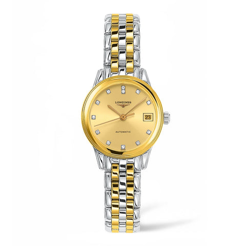 Longines Flagship-Longines Flagship in a 26mm stainless steel/yellow gold pvd coating case with champagne dial on stainless steel/yellow gold pvd coating bracelet, featuring a date display and an automatic movement.