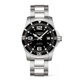 Longines HydroConquest in a 41mm stainless steel case with black dial on stainless steel bracelet, featuring date display and automatic movement with up to 72 hours of power reserve.