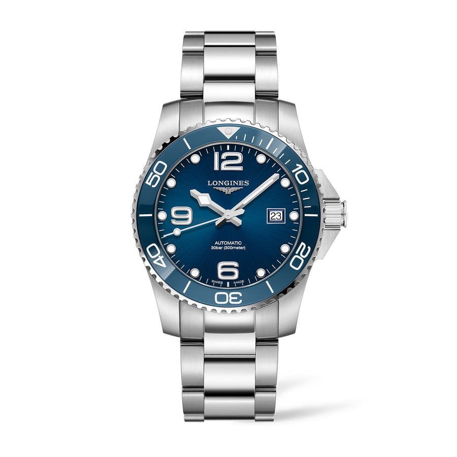 Longines HydroConquest in a 41mm stainless steel case with blue dial on stainless steel bracelet, featuring date display and automatic movement with up to 72 hours of power reserve.
