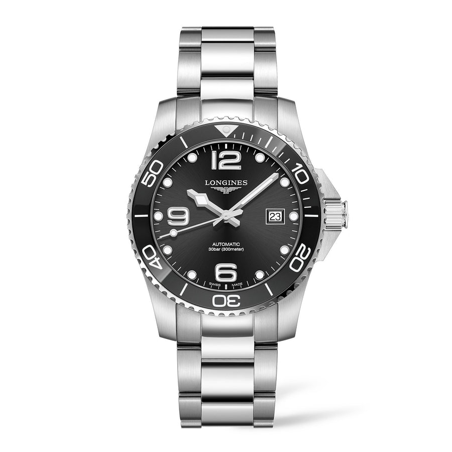Longines HydroConquest in a 41mm stainless steel case with black dial on stainless steel bracelet, featuring date display and automatic movement with up to 72 hours of power reserve.