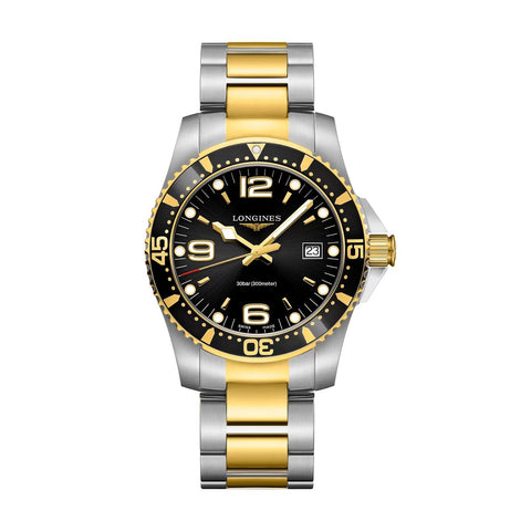 Longines HydroConquest in a 41mm stainless steel/yellow gold pvd case with black dial on stainless steel/yellow gold pvd bracelet, featuring a date display and quartz movement.