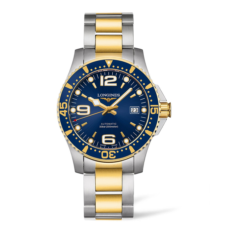 Longines HydroConquest in a 41mm stainless steel/yellow gold pvd coating case with blue dial on stainless steel/yellow gold pvd coating bracelet, featuring a date display and automatic movement with up to 72 hours of power reserve.