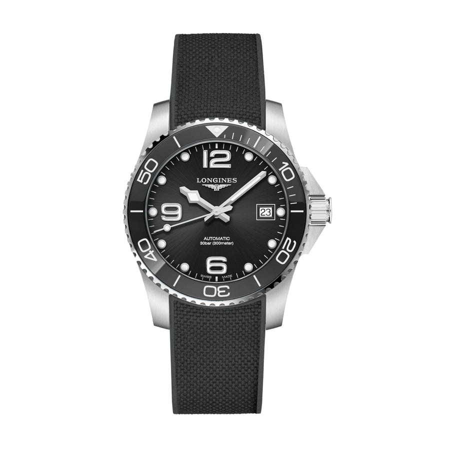Longines HydroConquest - L3.780.4.56.9 - Longines HydroConquest in a 39mm stainless steel case with black dial on black rubber strap, featuring a date display and automatic movement with up to 72 hours of power reserve.