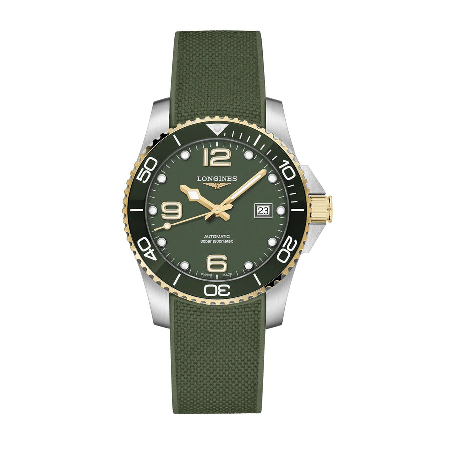 Longines HydroConquest - L3.781.3.06.9 - Longines HydroConquest in a 41mm stainless steel/green ceramic case with green dial on rubber strap, featuring a date display and automatic movement with up to 72 hours of power reserve.