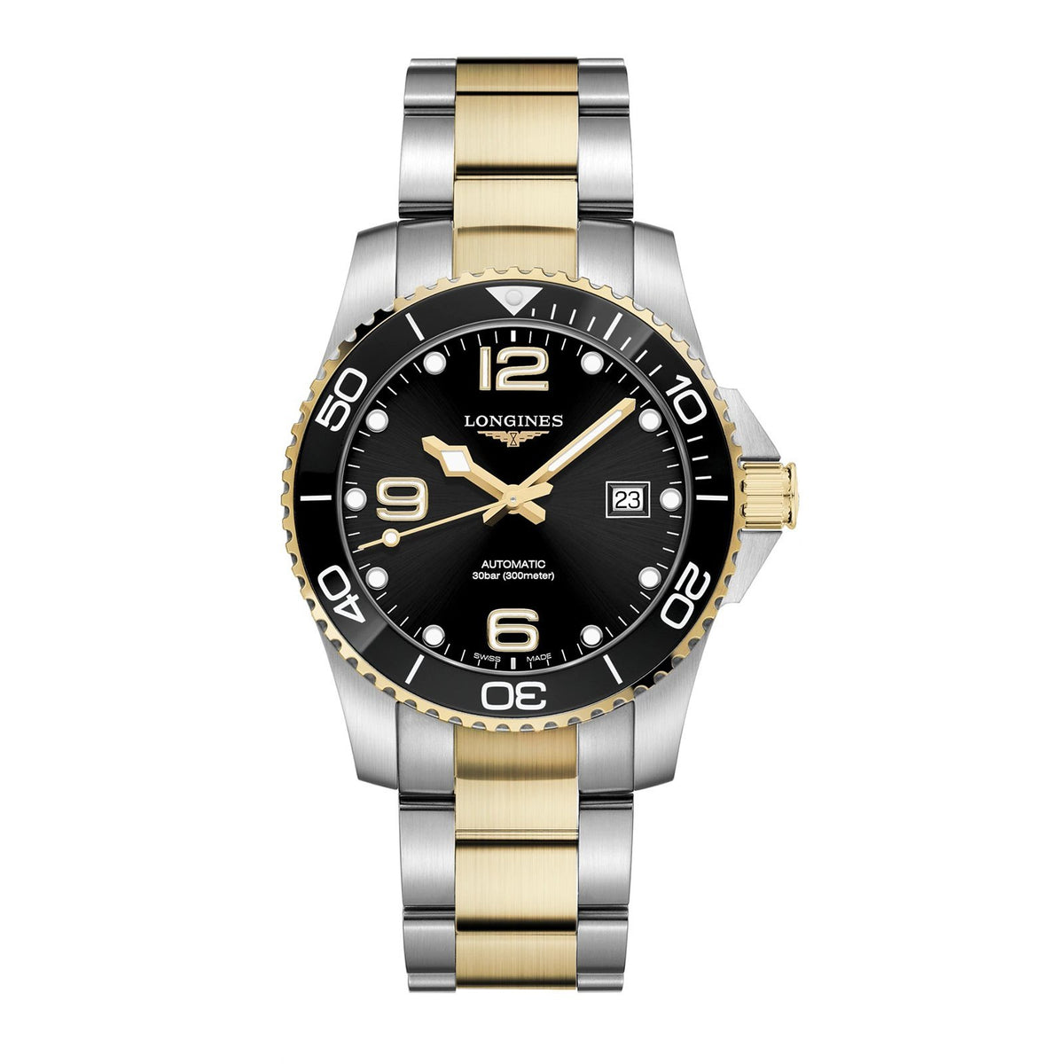 Longines HydroConquest - L3.781.3.56.7 - Longines HydroConquest in a 41mm stainless steel/yellow pvd coating/black ceramic case with black dial on two tone bracelet, featuring a date display and automatic movement with up to 72 hours of power reserve.