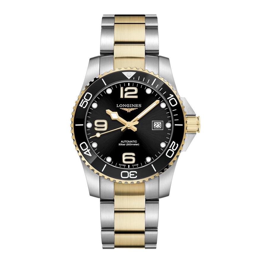 Longines HydroConquest - L3.781.3.56.7 - Longines HydroConquest in a 41mm stainless steel/yellow pvd coating/black ceramic case with black dial on two tone bracelet, featuring a date display and automatic movement with up to 72 hours of power reserve.