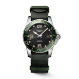Longines Hydroconquest - L3.781.4.05.2 -Longines Hydroconquest in a 41mm stainless steel/green ceramic case with black dial on synthetic nato strap, featuring a date display and automatic movement with up to 72 hours os power reserve.