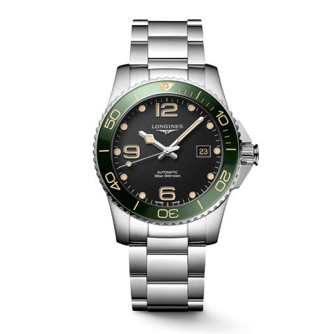 Longines Hydroconquest 41mm-Longines Hydroconquest - L3.781.4.05.6 - Longines Hydroconquest in a 41mm stainless steel/green ceramic case with black dial on stainless steel bracelet, featuring a date display and automatic movement with up to 72 hours of power reserve.