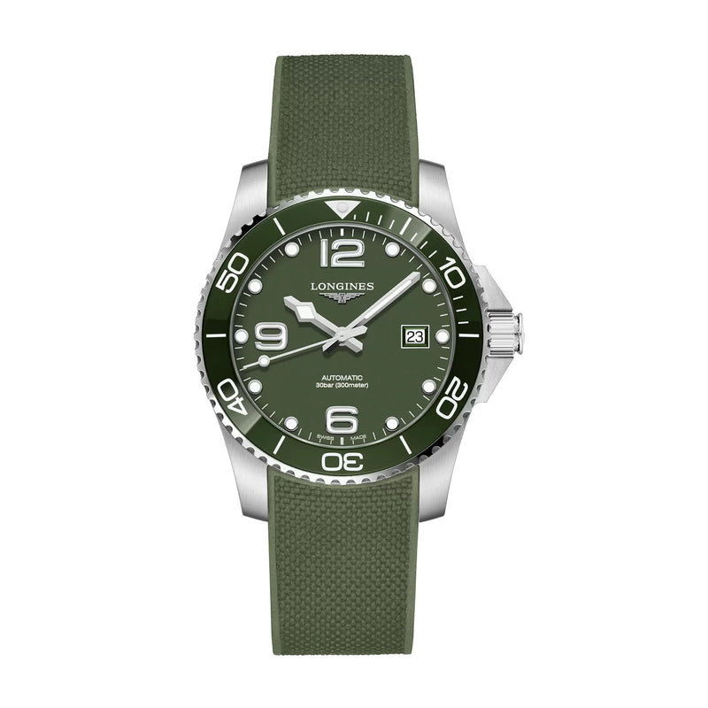 Longines HydroConquest 41mm-Longines HydroConquest in a 41mm stainless steel case with green dial on green rubber strap, featuring a date display and automatic movement with up to 72 hours of power reserve.