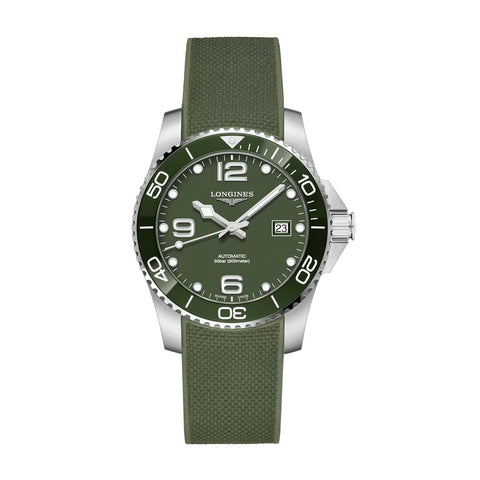 Longines HydroConquest in a 41mm stainless steel case with green dial on green rubber strap, featuring a date display and automatic movement with up to 72 hours of power reserve.