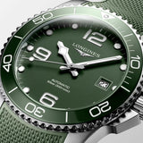 Longines HydroConquest 41mm-Longines HydroConquest in a 41mm stainless steel case with green dial on green rubber strap, featuring a date display and automatic movement with up to 72 hours of power reserve.