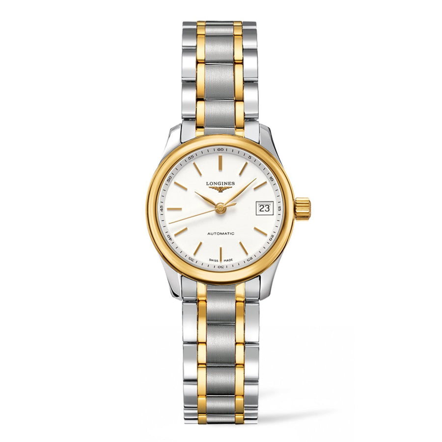 Longines Master Collection in a 25.5mm stainless steel/yellow gold cap case on white matte dial on stainless steel/yellow gold cap bracelet featuring a date display and automatic movement.
