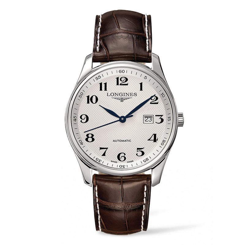 Longines Master Collection 42mm-Longines Master Collection Automatic in a 42mm stainless steel case with silver dial on leather strap, featuring a date display and automatic movement.
