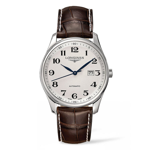 Longines Master Collection Automatic-Longines Master Collection Automatic in a 42mm stainless steel case with silver dial on leather strap, featuring a date display and automatic movement.