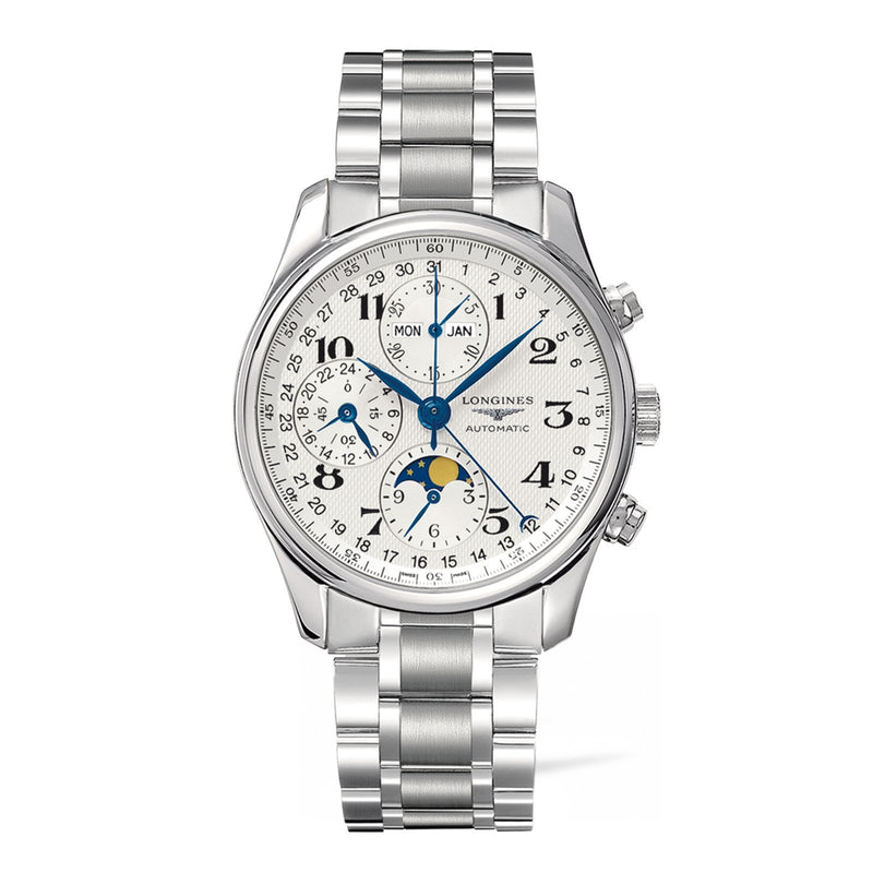 Longines Master Collection Chrono Moonphase 40mm-Longines Master Collection Chronograph Moon Phase in a 40mm stainless steel case with silver "barleycorn" dial on stainless steel bracelet, featuring chronograph function, moon phase indicator, date display and automatic movement.