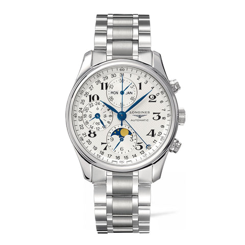 Longines Master Collection Chronograph Moon Phase in a 40mm stainless steel case with silver "barleycorn" dial on stainless steel bracelet, featuring chronograph function, moon phase indicator, date display and automatic movement.