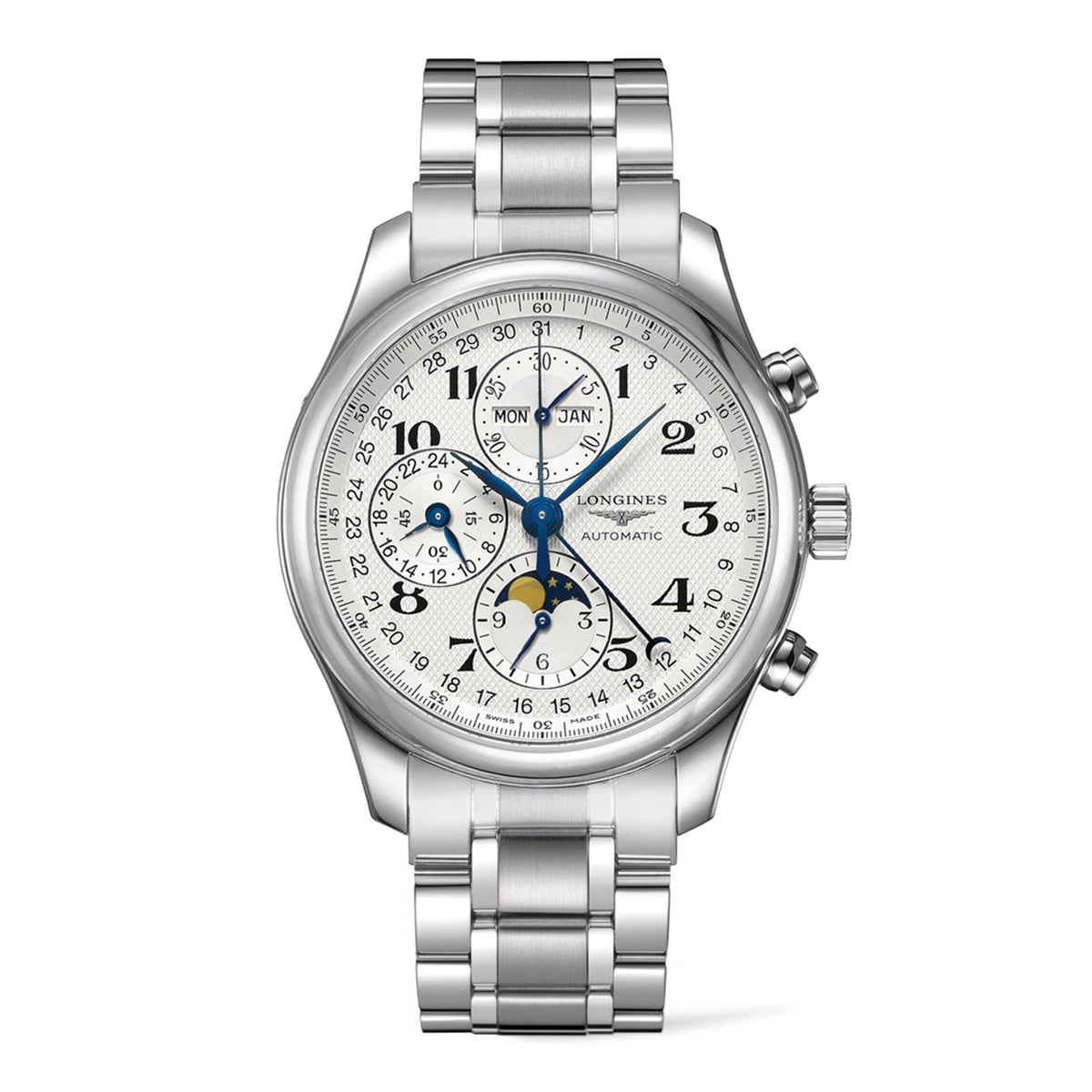 Longines Master Collection Chronograph Moon Phase in a 42mm stainless steel case with silver dial on stainless steel bracelet, featuring a chronograph function, moon phase and automatic movement with up to 66 hours power reserve.