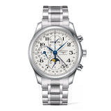 Longines Master Collection Chronograph Moon Phase-Longines Master Collection Chronograph Moon Phase in a 42mm stainless steel case with silver dial on stainless steel bracelet, featuring a chronograph function, moon phase and automatic movement with up to 66 hours power reserve.