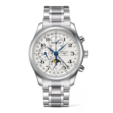 Longines Master Collection Chronograph Moon Phase in a 42mm stainless steel case with silver dial on stainless steel bracelet, featuring a chronograph function, moon phase and automatic movement with up to 66 hours power reserve.