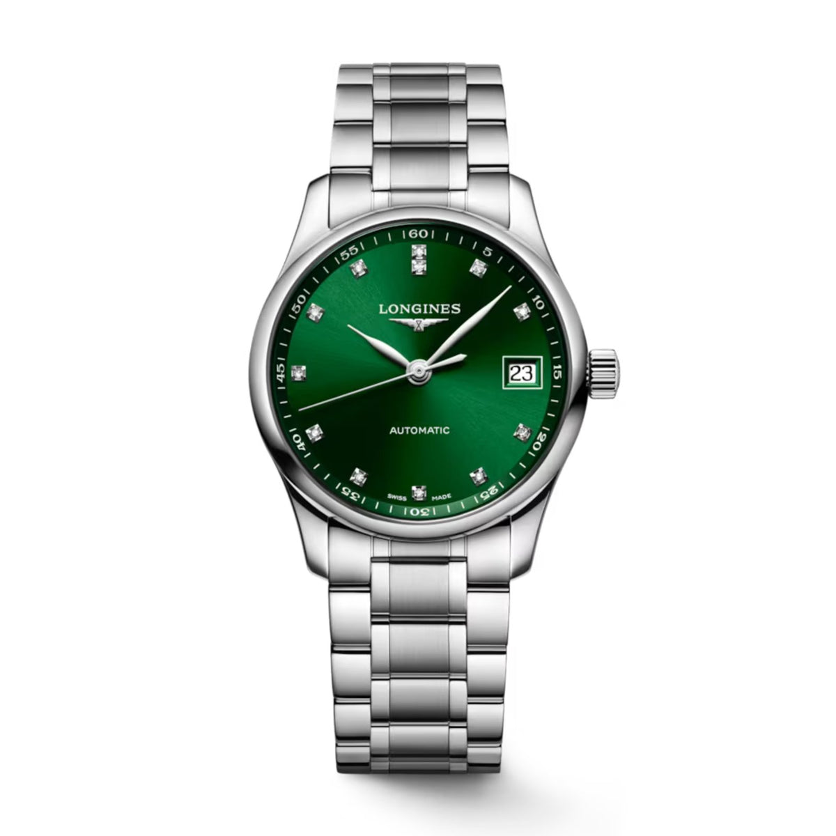 Longines Master Collection in a 34mm stainless steel case with green dial on stainless steel bracelet, featuring a date window and automatic movement with up to 72 hours power reserve.