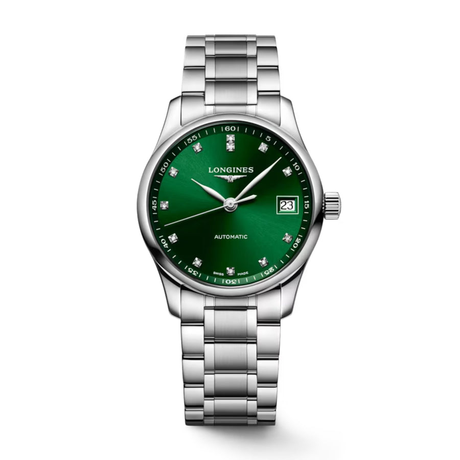 Longines Master Collection in a 34mm stainless steel case with green dial on stainless steel bracelet, featuring a date window and automatic movement with up to 72 hours power reserve.