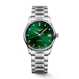 Longines Master Collection-Longines Master Collection in a 34mm stainless steel case with green dial on stainless steel bracelet, featuring a date window and automatic movement with up to 72 hours power reserve.