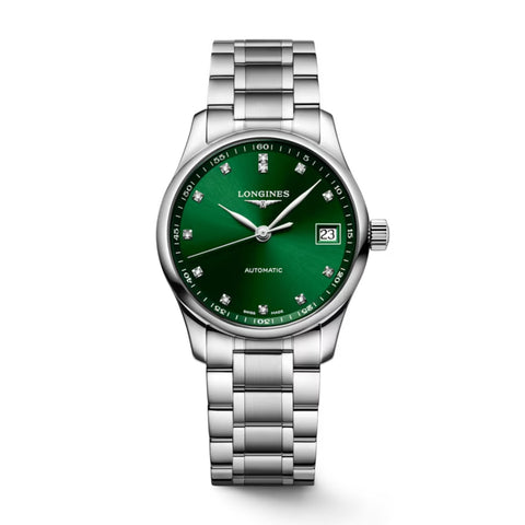 Longines Master Collection in a 34mm stainless steel case with green dial on stainless steel bracelet, featuring a date window and automatic movement with up to 72 hours power reserve.