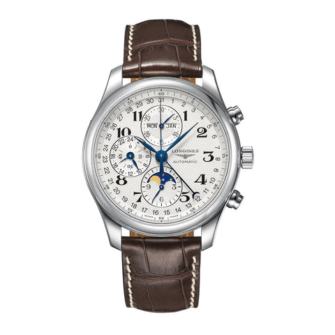 Longines Master Collection-Longines Master Collection - L2.773.4.78.3 - Longines Master Collection in a 42mm stainless steel case with silver dial on alligator leather strap, featuring a chronograph function, moon phase and automatic movement.
