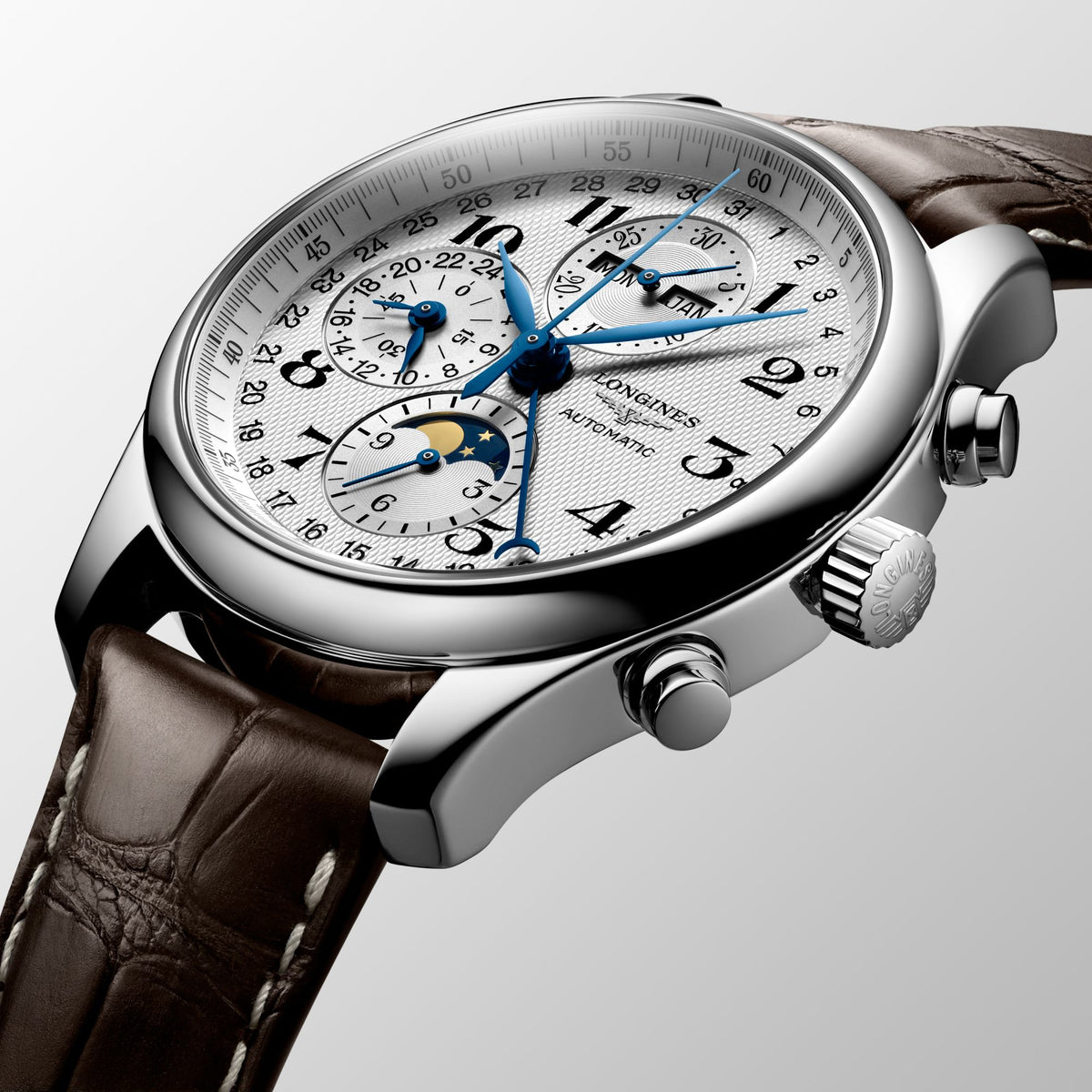 Longines Master Collection - L2.773.4.78.3 - Longines Master Collection in a 42mm stainless steel case with silver dial on alligator leather strap, featuring a chronograph function, moon phase and automatic movement.