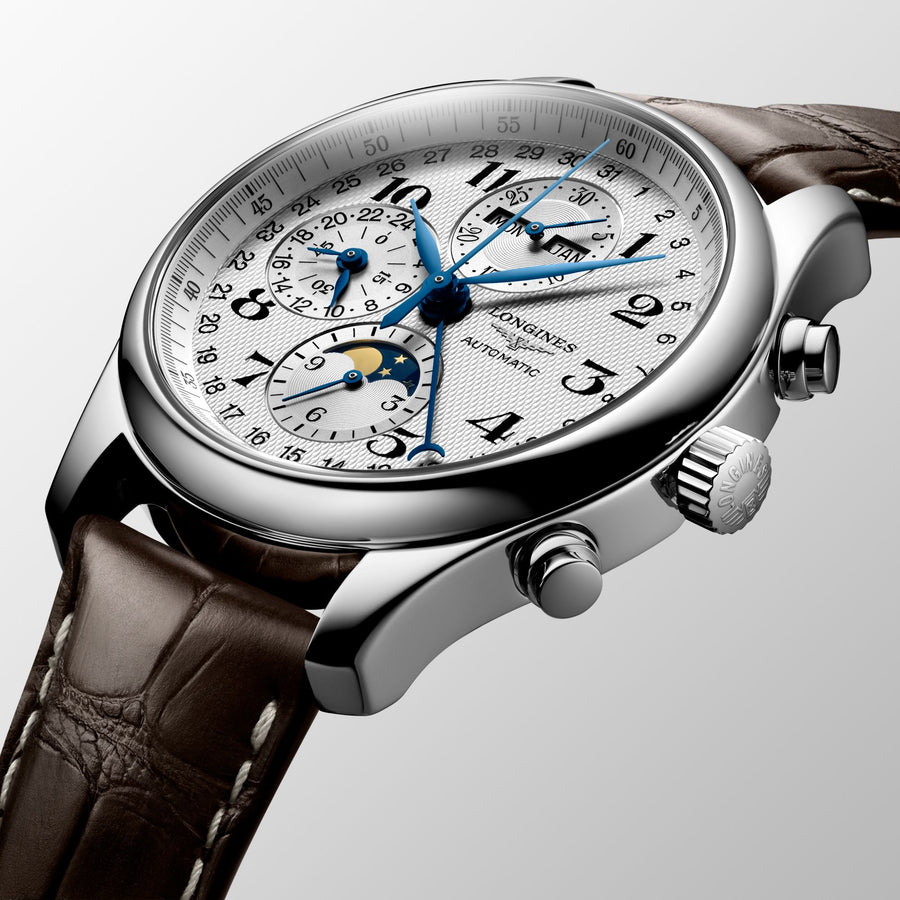 Longines Master Collection - L2.773.4.78.3 - Longines Master Collection in a 42mm stainless steel case with silver dial on alligator leather strap, featuring a chronograph function, moon phase and automatic movement.