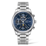 Longines Master Collection in a 42mm stainless steel case with sun-ray blue dial on stainless steel bracelet, featuring a chronograph, date, and moon phase and an automatic movement with up to 54 hours power reserve.