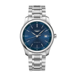Longines Master in a 40mm stainless steel case with blue dial on stainless steel bracelet, featuring a date display and self-winding mechanical movement with up to 72-hours power reserve.