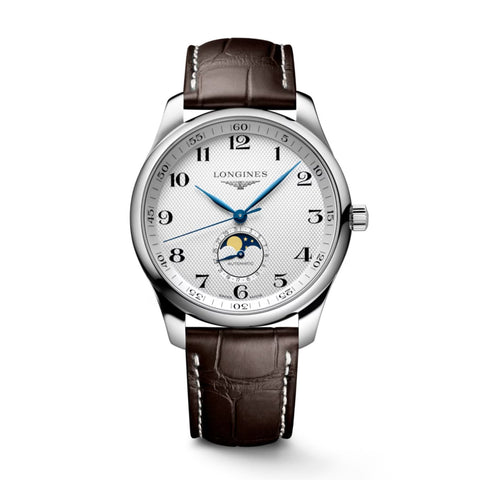 Longines Master Collection-Longines Master Collection - L2.919.4.78.3 - Longines Master Collection in a 42mm stainless steel case with silver dial on leather strap, featuring a moon phase, date, and automatic movement with up to 72 hours power reserve.