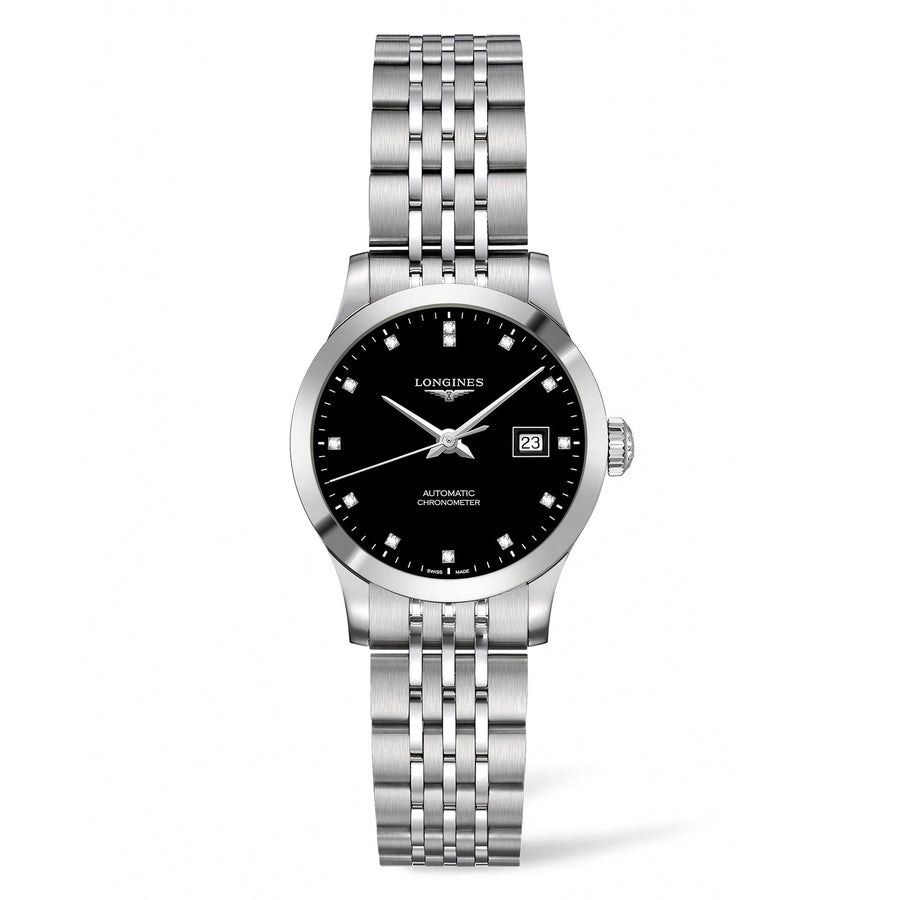 Longines Record in a 30mm stainless steel case with black dial on stainless steel bracelet, featuring a date display and automatic movement with up to 45 hours of power reserve.