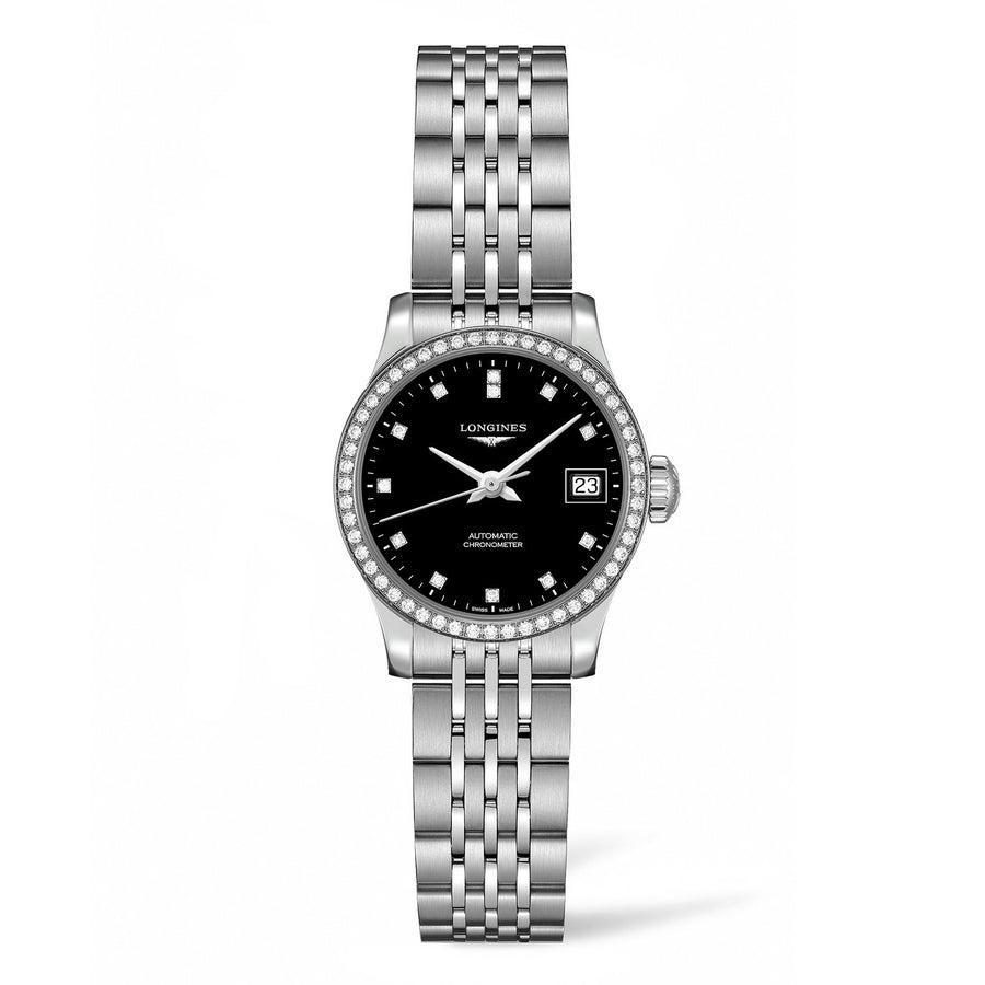 Longines Record in a 26mm stainless steel diamond bezel case with black dial on stainless steel bracelet, featuring a date display and automatic movement.