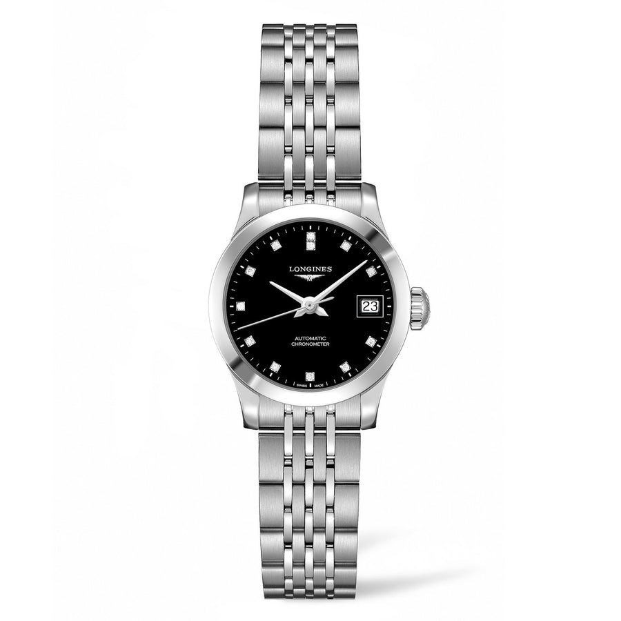 Longines Record in a 26mm stainless steel case with black dial on stainless steel bracelet, featuring a date display and automatic movement.