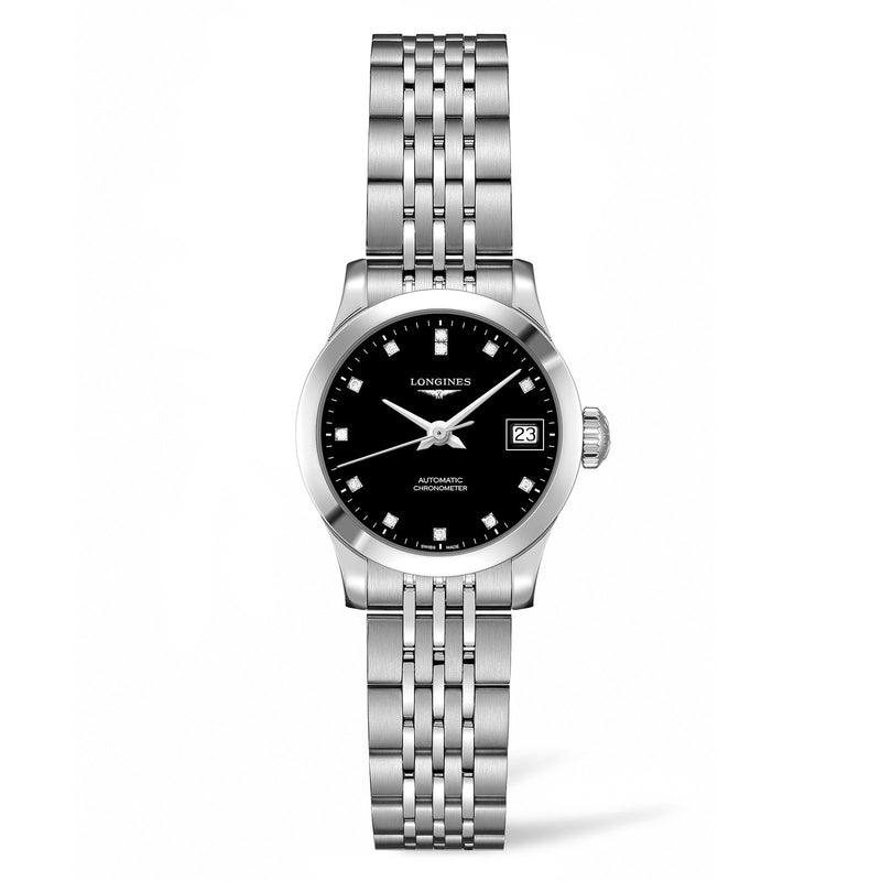 Longines Record 26mm-Longines Record in a 26mm stainless steel case with black dial on stainless steel bracelet, featuring a date display and automatic movement.