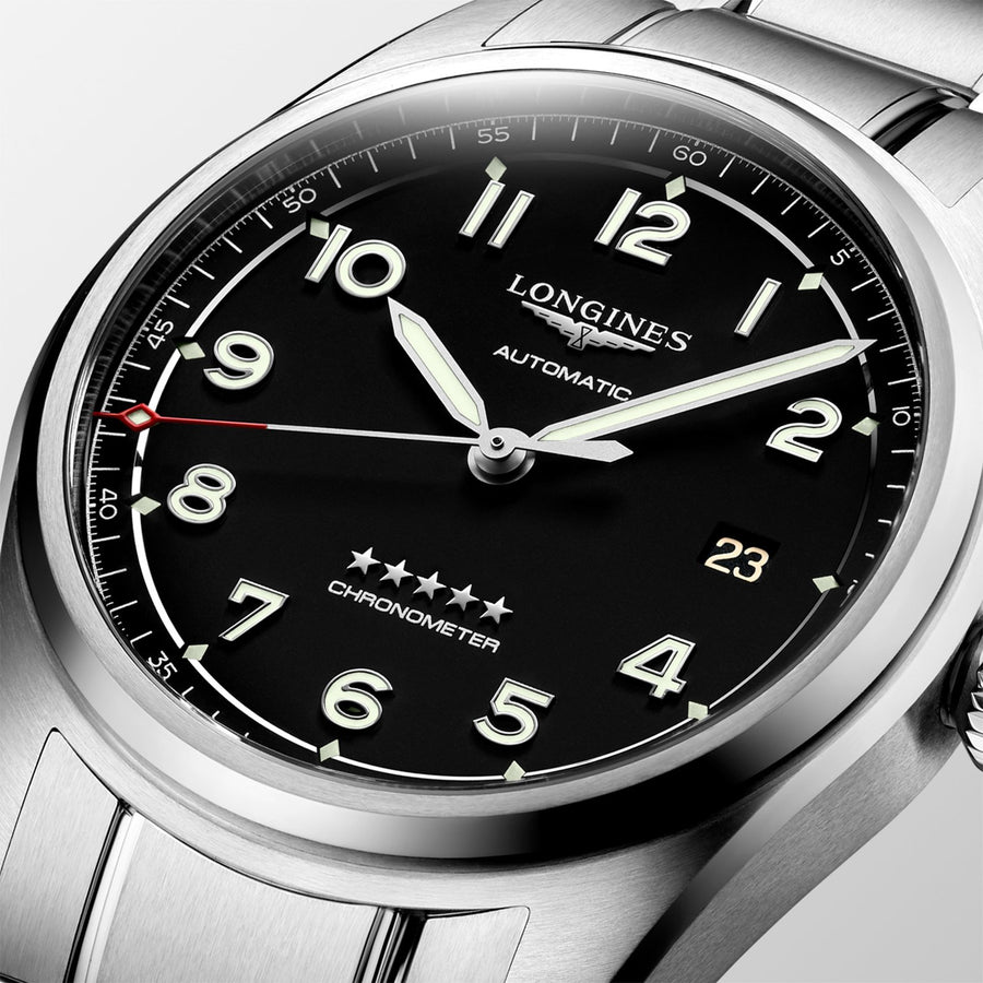 Longines Spirit in a 40mm stainless steel case with black dial on stainless steel bracelet, featuring a self-winding mechanical movement with 72-hours power reserve.