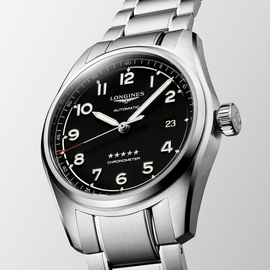 Longines Spirit in a 40mm stainless steel case with black dial on stainless steel bracelet, featuring a self-winding mechanical movement with 72-hours power reserve.