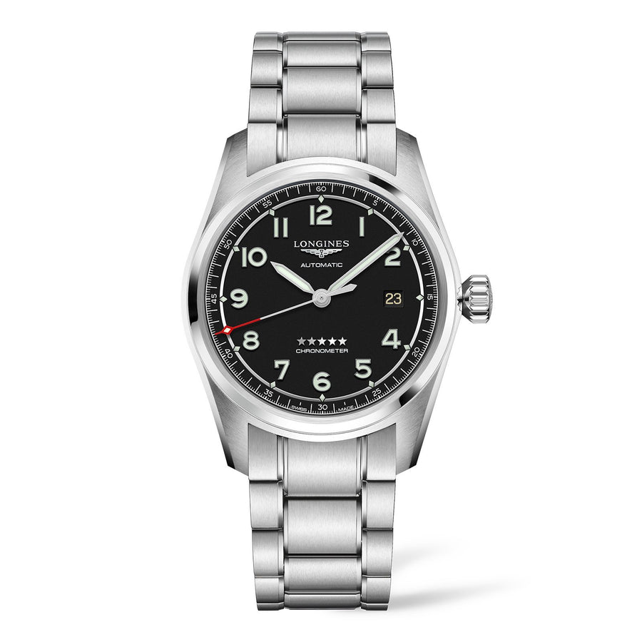 Longines Spirit in a 40mm stainless steel case with black dial on stainless steel bracelet, featuring a self-winding mechanical movement with 72-hours power reserve.
