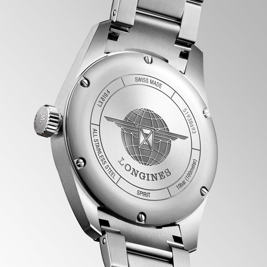 Longines Spirit in a 40mm stainless steel case with black dial on stainless steel bracelet, featuring a self-winding mechanical movement with 72-hours power reserve.