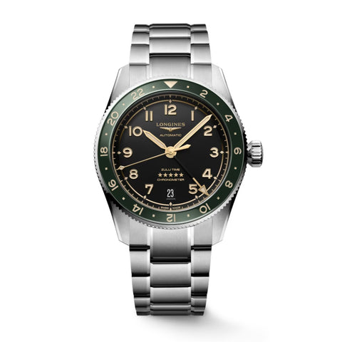 Longines Spirit Zulu Time - L3.802.4.63.6 - Longines Spirit Zulu Time in a 39mm stainless steel green ceramic bezel case with black dial on stainless steel bracelet, featuring GMT time and automatic movement with up to 72 hours of power reserve.