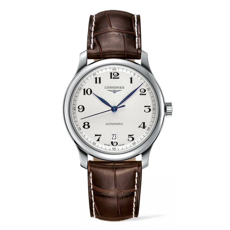 Longines The Master Collection in a 38mm stainless steel case with silver barleycorn dial on leather strap, featuring a date display and automatic movement.