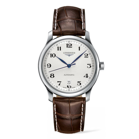 Longines The Master Collection-Longines The Master Collection in a 38mm stainless steel case with silver barleycorn dial on leather strap, featuring a date display and automatic movement.